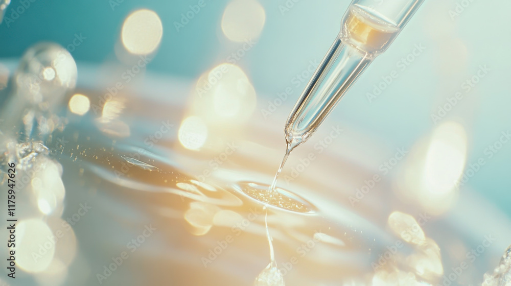 Poster close-up of a pipette dropping liquid into clear water creating ripples and reflections in a soft li