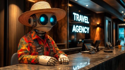A humanoid AI agent robot dressed as a travel agent in a tropical shirt and straw hat sits at a futuristic travel agency desk, symbolizing AI and automation in tourism..