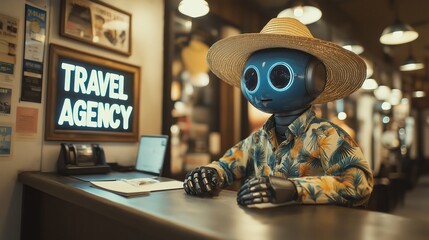 An AI robot dressed in a Hawaiian shirt and straw hat sits at a modern travel agency counter, representing AI automation in the travel and tourism industry..