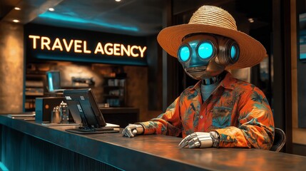 A humanoid AI robot dressed as a travel agent in a tropical shirt and straw hat sits at a futuristic travel agency desk, symbolizing AI and automation in tourism