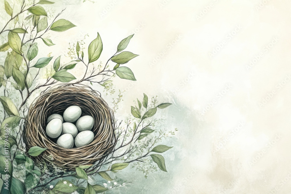 Aufkleber Doodle of a nest with eggs surrounded by leaves on a soft pastel background showcasing natures tranquility. Generative AI