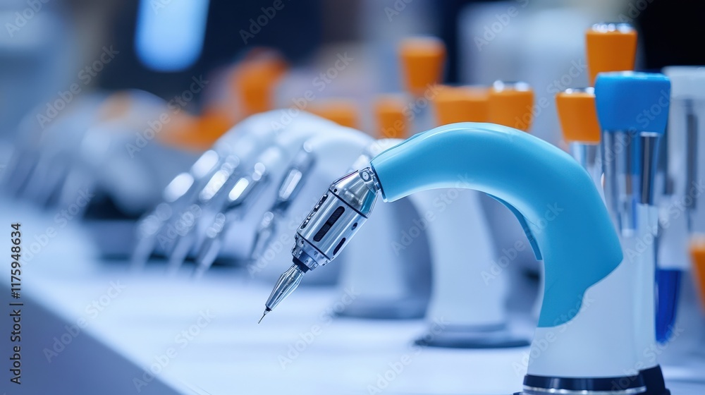 Poster precision laboratory instruments for scientific research and experimentation displayed on a workbenc