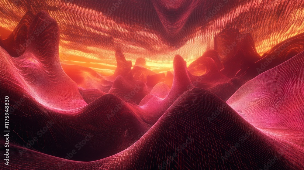 Poster abstract landscape featuring vibrant colors and flowing patterns, with a warm sunset backdrop illumi