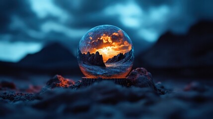 Fototapeta premium A stunning glass sphere reflects a breathtaking scene of jagged mountains and a dramatic sky, highlighting the beauty of nature through a unique artistic perspective.