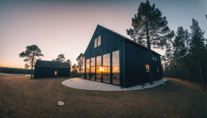 Fototapeta premium Modern black wooden house with large windows at sunset in a forest