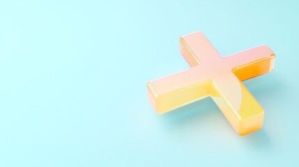 Obraz premium A colorful, glossy yellow cross on a soft blue background, symbolizing positivity, faith, and creativity in design.