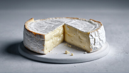 Creamy brie cheese on a marble platter with a slice missing, showing its smooth texture and rich color