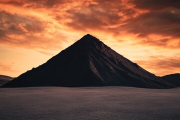 夕焼けの空に映えるピラミッドのような山のシルエット