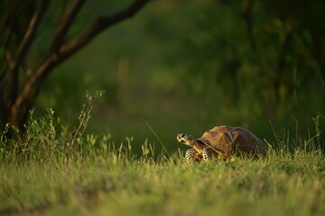 Obraz premium A beautiful image of a leopard tortoise slowly making its way through the grass