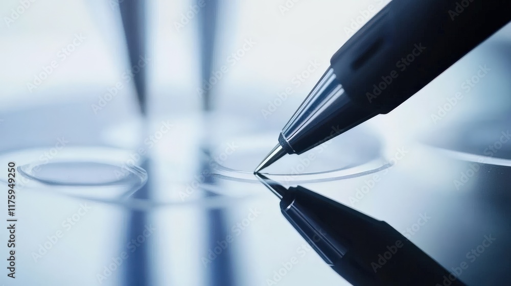 Poster close-up image of a pen writing on a smooth surface with reflections and depth of field, ideal for c