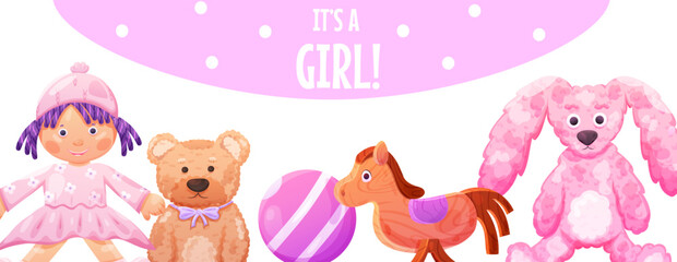 Baby shower banner template with toy doll and bear