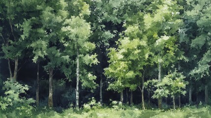 A painting of a forest with trees and grass