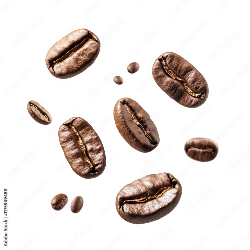 Aufkleber flying coffee beans creating a dynamic display on a clean transparent background to capture attentio