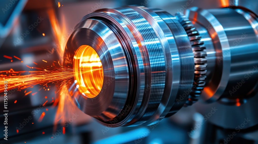 Poster high-precision metal machining process producing sparks from a rotating cnc machine tool in a modern