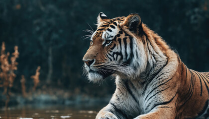 Majestic tiger resting by a calm water body in a serene forest setting at sunset