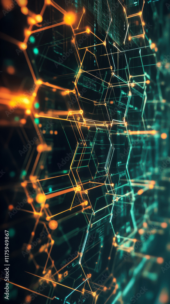 Poster abstract representation of digital network with glowing lights and geometric patterns