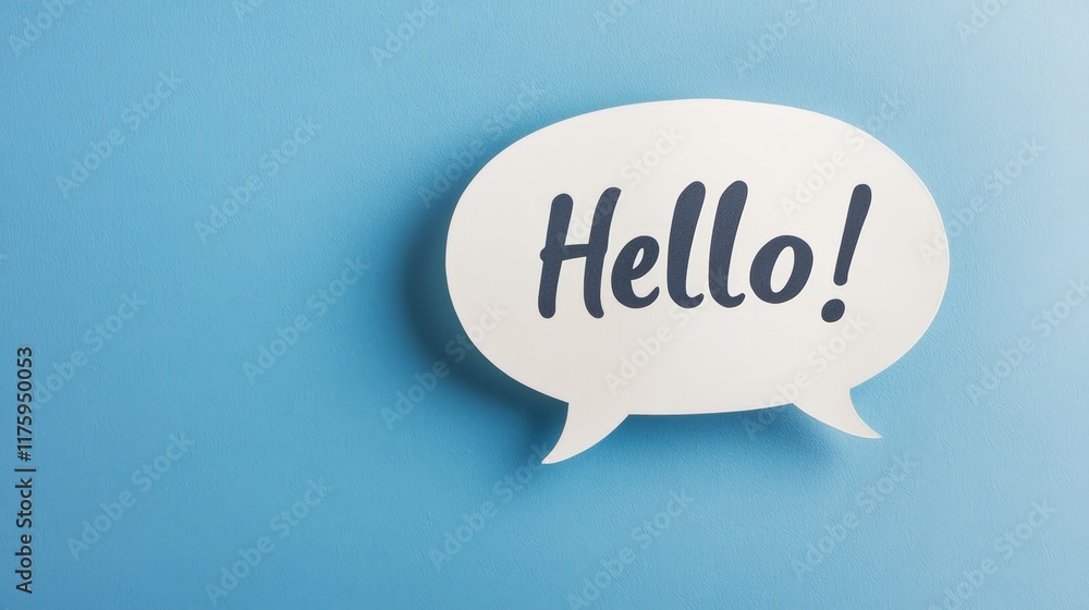 Poster white speech bubble with the word hello written inside, placed on a blue background, representing co