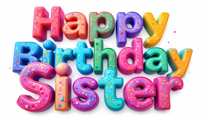 Fototapeta premium Happy Birthday Sister. 3D HD Letters for wishing in vibrant colours, candles, sweets, glitter, and candies letters for the birthday celebration. isolated on a white background.