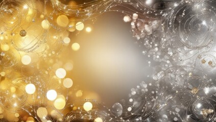 abstract background with dynamic golden and silver wave with glowing orbs and shimmering particles