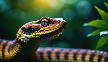 Fototapeta premium Colorful snake basking on a branch in a lush, green rainforest during daylight hours