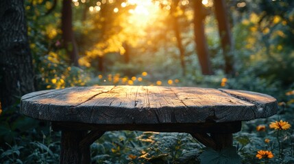 Naklejka premium A rustic wooden table in a sunlit forest, surrounded by greenery and flowers.