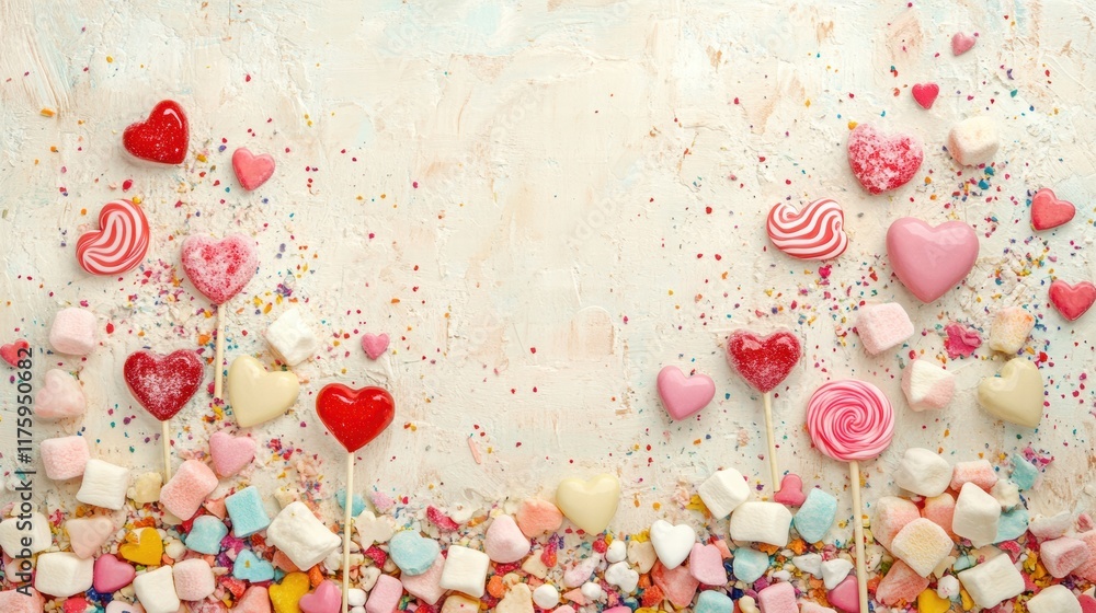 Poster Colorful array of heart shaped candies and sweets laid out for a festive occasion in a joyful display. Generative AI