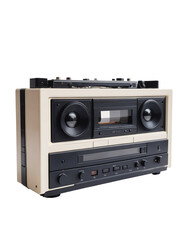 Fototapeta premium Black and white cassette tape player on isolated PNG background.