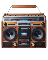 Obraz premium Wooden brown cassette tape player on isolated PNG background.