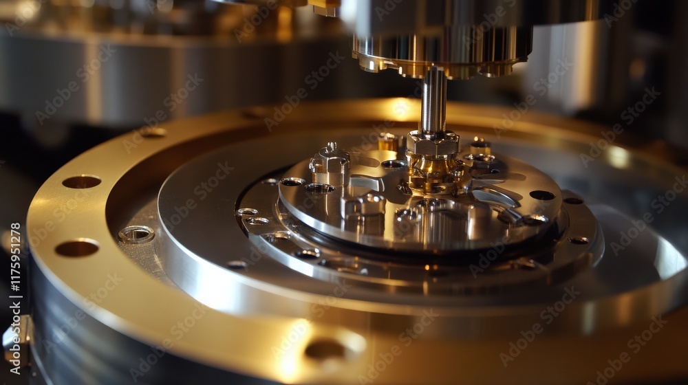 Poster close-up of precision engineering component in a modern machinery setup with intricate details of me