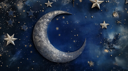 Naklejka premium Moon and stars on a deep blue background