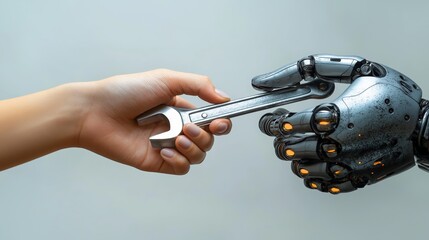 An AI robot taking a wrench from a human hand, symbolizing artificial intelligence, automation, and the future of robotic engineering, collaboration, and advancement in the robotics industry.