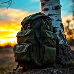 Olive-green bushcraft backpack, birch tree.