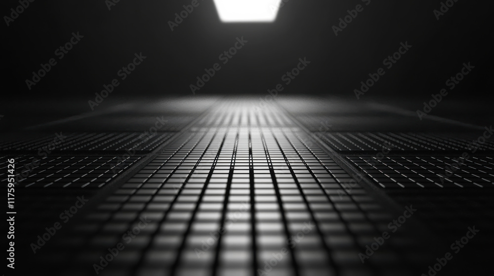 Poster dark perspective of a textured surface leading to a bright light source above in a minimalist settin