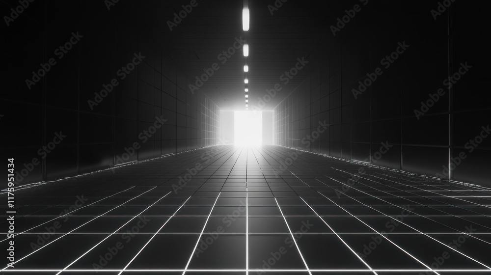 Poster dark perspective of a textured surface leading to a bright light source above in a minimalist settin