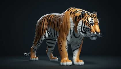 Obraz premium Realistic depiction of a majestic tiger standing confidently against a dark background with striking stripes and facial features