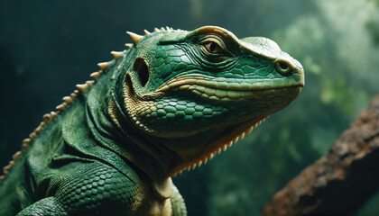 Obraz premium Close-up view of a green reptile showcasing unique features in a natural habitat during daylight