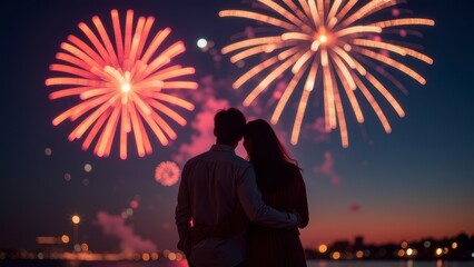 Couple watching fireworks display over city skyline at dusk