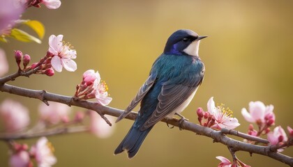 Fototapeta premium Close-up of a swallow resting among cherry blossoms, capturing the spirit of springtime with vivid colors and soft natural light