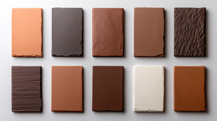 Mocha Mousse color swatches displayed in a neat grid format on a neutral-toned paper backdrop, highlighting the versatility of the shade for design and decor trends.