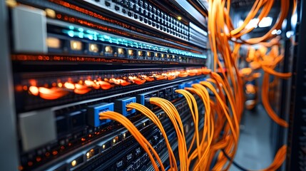 depicts the interior of a server room, with rows of neatly organized servers, colorful cables, and blinking lights creating a futuristic and high-tech atmosphere
