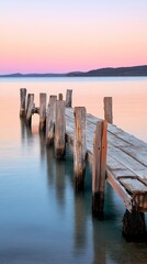 Fototapeta premium Old wooden pier extending into a calm body of water, reflecting the soft pastel hues of the sunset sky, creates a serene and tranquil atmosphere perfect for relaxation