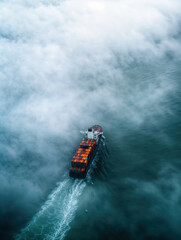 Fototapeta premium Cargo ship sailing on the ocean covered by fog, aerial view
