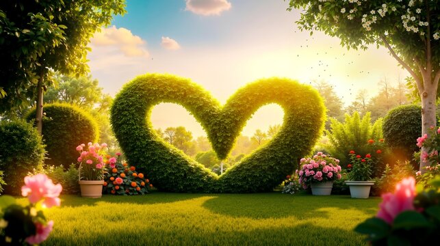 A heart shaped hedge in the middle of a lush green garden