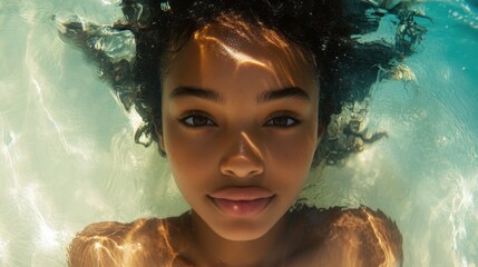 Underwater portrait of young black woman with sunlight reflections on her face