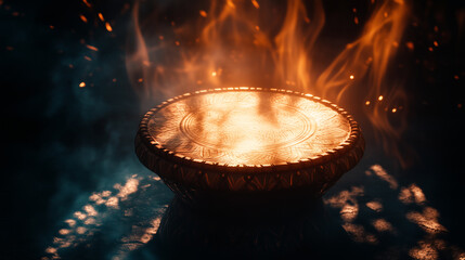 A ceremonial drum surrounded by intricate patterns of light and shadow, glowing in a fire-lit gathering