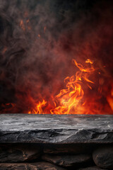 Obraz premium Empty stone surface on burning fire and smoke background