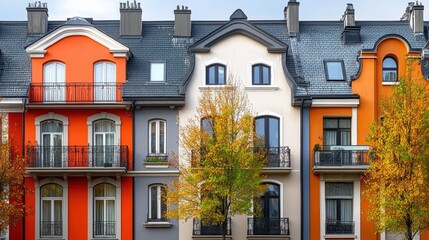 Colorful row houses, European architecture, autumn street scene, vibrant facades, dormer windows, arched doorways, wrought iron balconies, fall foliage trees, cobblestone street, charming neighborhood