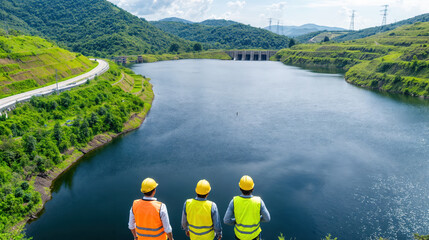 Engineers analyzing a hydroelectric power plant dam and reservoir