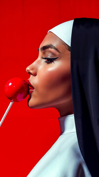 A woman in a nun outfit holding a red lollipop in her mouth