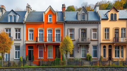 Colorful row houses, European architecture, autumn street scene, vibrant facades, dormer windows, arched doorways, wrought iron balconies, fall foliage trees, cobblestone street, charming neighborhood